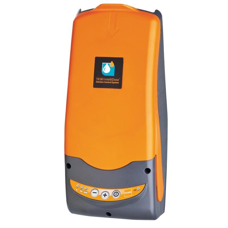 Le TASKI IntelliDose swingo 2500/3500 de Diversey est un système de dosage mural orange-gris pour autolaveuses autoportées avec un écran noir, des boutons Plus, Moins et Power blancs et orange pour une performance de nettoyage améliorée.