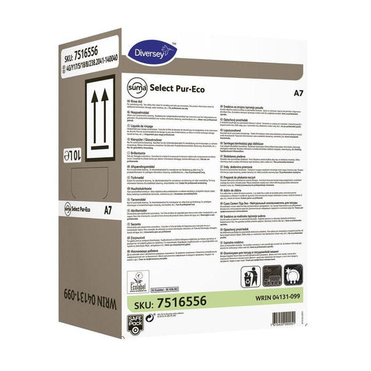 Ein Karton des Suma Select Pur-Eco A7 Klarspülers von Diversey Deutschland GmbH & Co. OHG verfügt über Produktinformationen, Anweisungen, Barcode, Recyclingsymbol und eine 10-Liter-Volumenanzeige auf der Verpackung für eine effektive Reinigung.