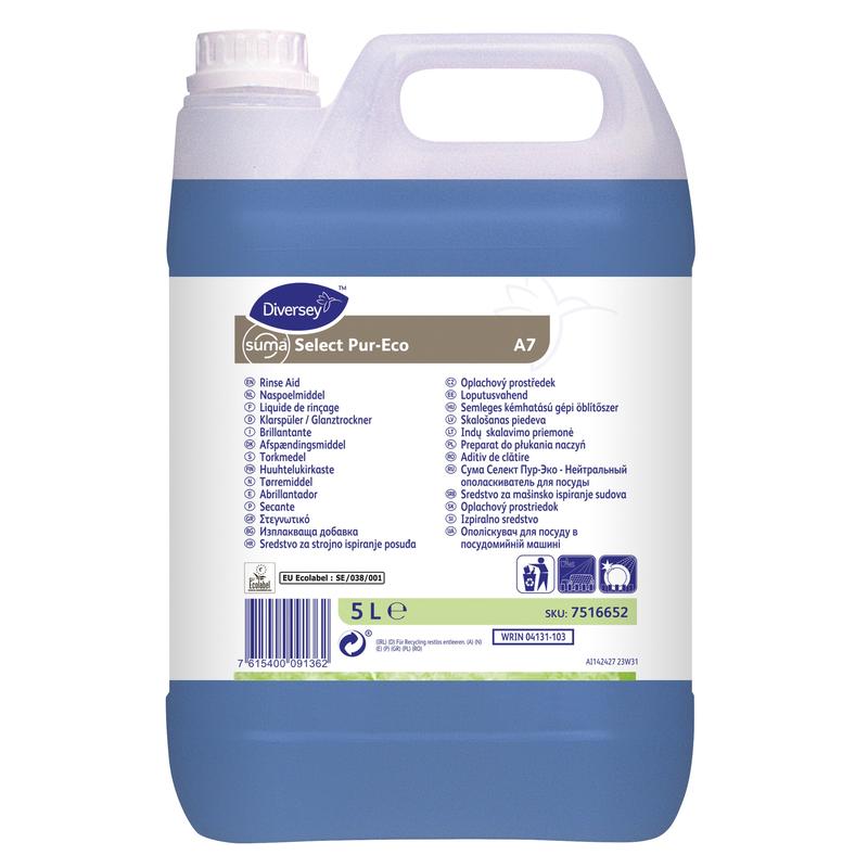 Un conteneur en plastique de 5 litres du Suma Select Pur-Eco A7 Rinceur de Diversey Deutschland GmbH & Co. OHG avec une étiquette blanche multilingue et un liquide bleu à l'intérieur assure un nettoyage écologique et un séchage rapide.
