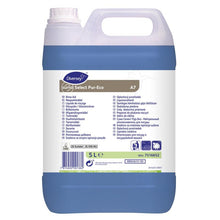 Un conteneur en plastique de 5 litres du Suma Select Pur-Eco A7 Rinceur de Diversey Deutschland GmbH & Co. OHG avec une étiquette blanche multilingue et un liquide bleu à l'intérieur assure un nettoyage écologique et un séchage rapide.