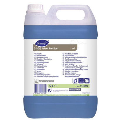 Un conteneur en plastique de 5 litres du Suma Select Pur-Eco A7 Rinceur de Diversey Deutschland GmbH & Co. OHG avec une étiquette blanche multilingue et un liquide bleu à l'intérieur assure un nettoyage écologique et un séchage rapide.