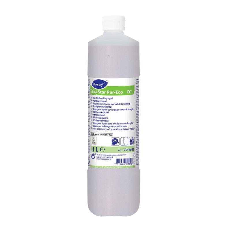 Le liquide vaisselle manuel Suma Star Pur-Eco D1 de 1 litre de Diversey Allemagne est livré dans une bouteille avec un bouchon blanc et une étiquette verte et blanche avec des instructions multilingues ; idéal pour un lavage de vaisselle respectueux de l'environnement.