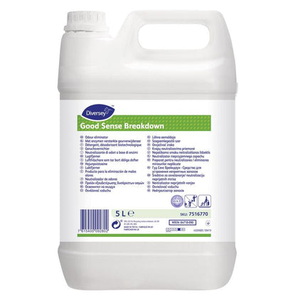 Un conteneur en plastique blanc de 5 litres de Diversey Deutschland GmbH & Co. OHG Good Sense Breakdown éliminateur d'odeurs avec poignée et bouchon à vis. L'étiquette multilingue décrit les caractéristiques du produit et l'élimination efficace des odeurs.