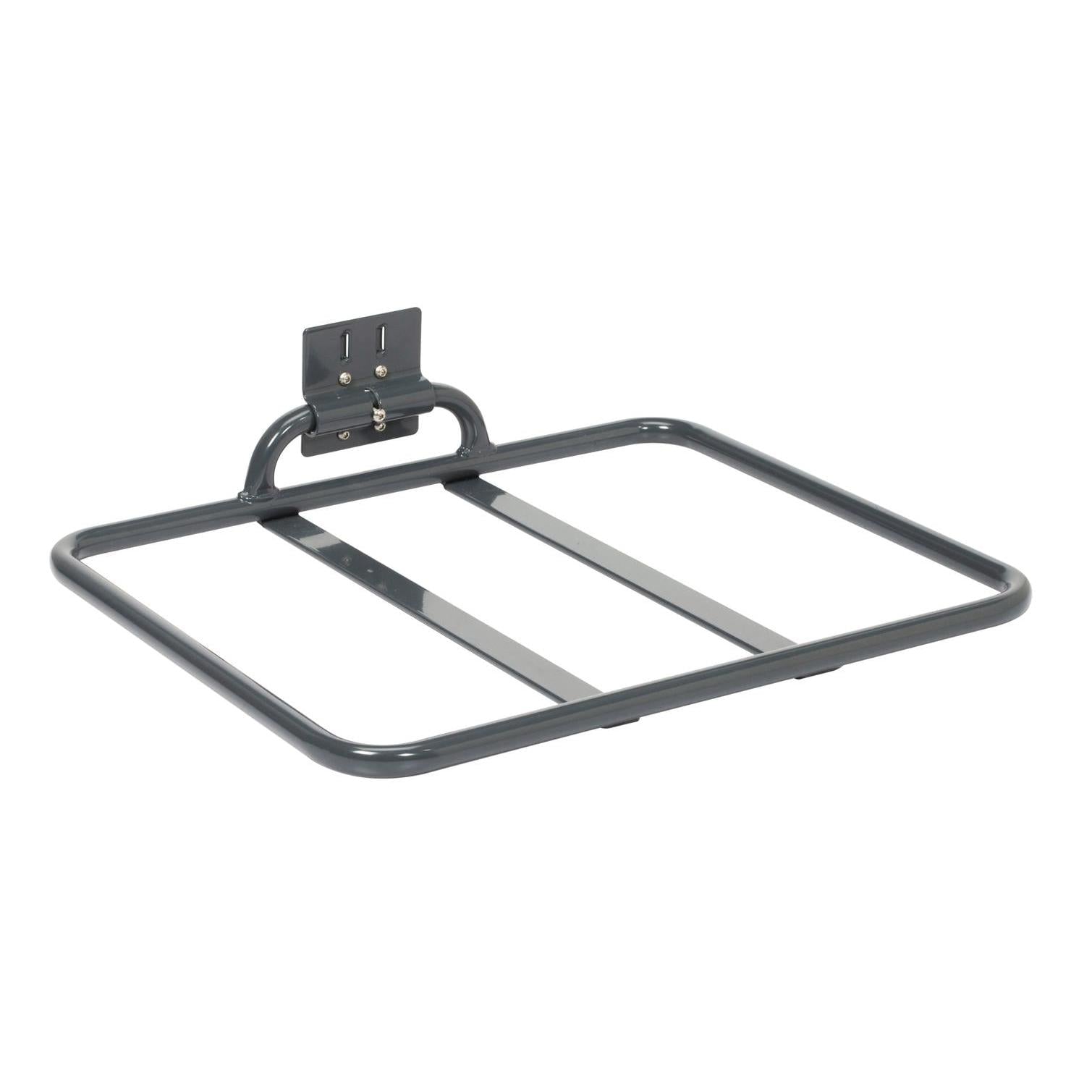 Die TASKI Sackablage klappbar von Diversey Deutschland GmbH & Co. OHG ist ein graues, glattes Metallregal mit einem rechteckigen Rahmen, zwei Mittelstangen und einer Halterung für die Montage an der Vorder- oder Rückseite des Trolleys. Zusammenklappbar für einfache Lagerung. Packung: 1 Stück.