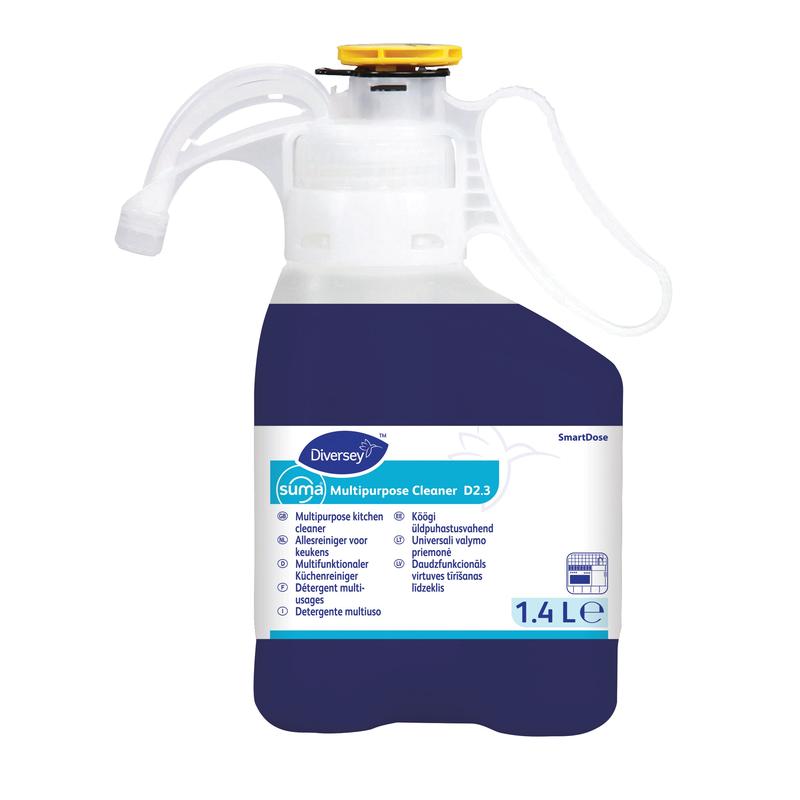 Diversey Suma Nettoyant multi-usages D2.3 SD, 1.4L, avec système SmartDose pour le nettoyage efficace des surfaces, sols, vitres et vaisselle ; étiquette blanche/bleue, poignée blanche, bouchon jaune. Marque : Diversey Deutschland GmbH & Co. OHG.