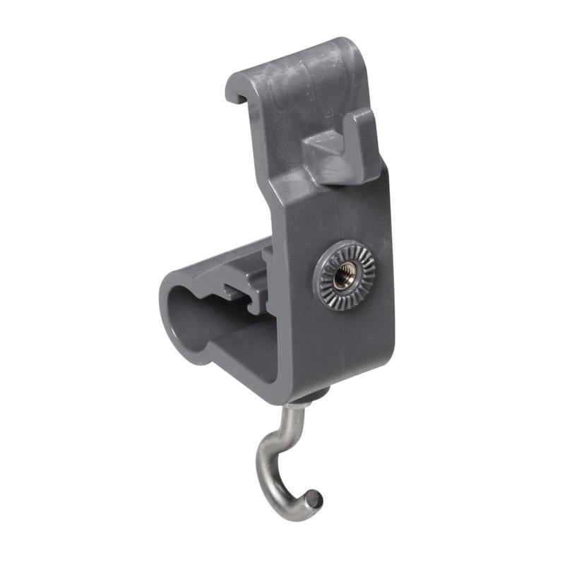 Le support d'accessoires TASKI de Diversey Deutschland GmbH & Co. OHG est un crochet gris en plastique et métal avec une fente de fixation et une vis centrale en métal, conçu pour connecter ou suspendre des objets pour organiser les ustensiles de nettoyage.