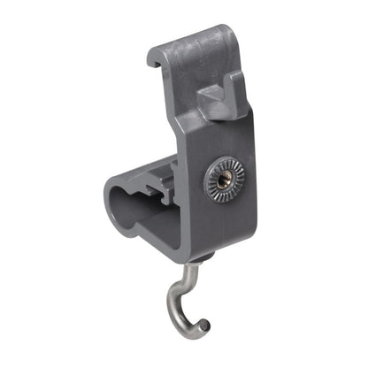 Le support d'accessoires TASKI de Diversey Deutschland GmbH & Co. OHG est un crochet gris en plastique et métal avec une fente de fixation et une vis centrale en métal, conçu pour connecter ou suspendre des objets pour organiser les ustensiles de nettoyage.