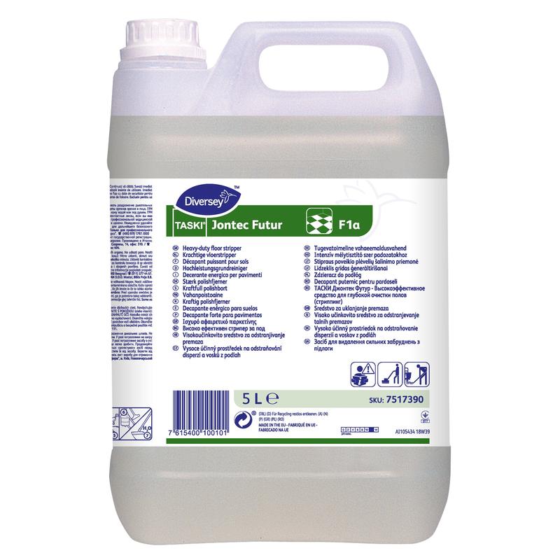 Un bidon de 5 litres de nettoyant universel TASKI Jontec Futur pour tous les revêtements résistants aux alcalis de Diversey Deutschland GmbH & Co. OHG, avec poignée et étiquette frontale avec instructions d'utilisation et symboles de sécurité.