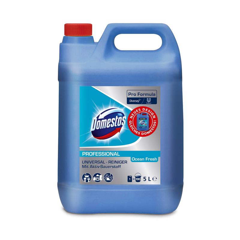 Un bidon en plastique bleu de 5L DOMESTOS Professional Ocean Fresh Nettoyant Universel avec oxygène actif de Diversey Deutschland, avec un couvercle et une poignée rouges, est muni d'une étiquette multilingue avec des informations de nettoyage et de marque.