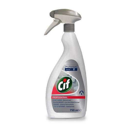 Un flacon pulvérisateur blanc de 750 ml de nettoyant pour salle de bains Cif Professional, fabriqué par Diversey Deutschland GmbH & Co. OHG, muni d'une buse grise et d'une étiquette, offrant une action 2 en 1 (nettoyage et détartrage) pour une efficacité optimale contre le calcaire et pour le nettoyage de la salle de bains.