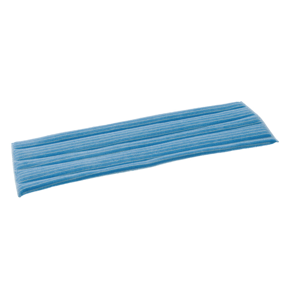Le TASKI Jonmaster Standard Damp Mop Velcro Microfibre Covers de Diversey Deutschland GmbH & Co. OHG est un tampon de nettoyage rectangulaire bleu et blanc rayé avec technologie microfibre, posé à plat sur fond blanc.