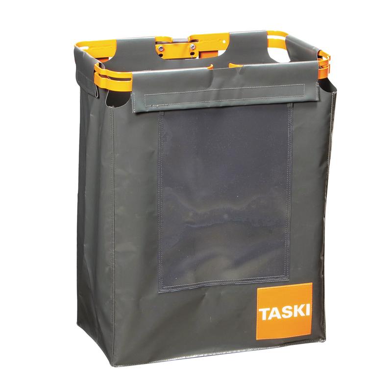 Le sac TASKI pour sacs à déchets de Diversey Deutschland GmbH & Co. OHG est un conteneur rectangulaire en tissu gris foncé avec des poignées orange, un cadre orange, une poche avant transparente et une étiquette TASKI - parfait pour l'élimination hygiénique des déchets.