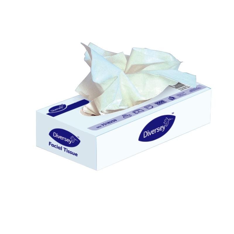 Une boîte rectangulaire de mouchoirs cosmétiques Diversey DI certifiés écologiques, boîte standard, 2 plis, blanc (100 pièces), avec des mouchoirs de 21 x 21 cm est retirée par le haut; la boîte principalement blanche présente un branding bleu et des informations sur le produit.