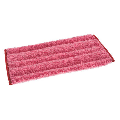 Une vadrouille rectangulaire rose TASKI Jonmaster Ultra Damp Mop, rouge de Diversey Deutschland GmbH & Co. OHG, avec des bords rouges, repose à plat sur un fond blanc. Conçu pour le nettoyage hygiénique dans des environnements de nettoyage professionnels.