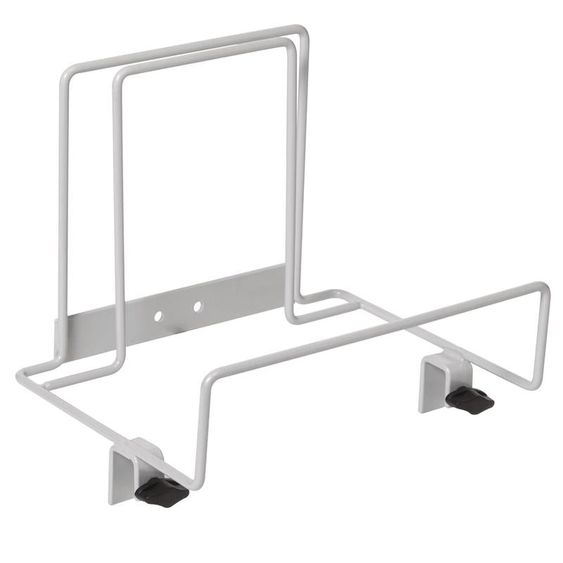 Le support de boîte TASKI Nano Mop de Diversey Deutschland GmbH & Co. OHG est un support mural en métal blanc avec deux tiges et des clips réglables noirs, conçu pour le rangement organisé de boîtes à mop de 25 cm, 40 cm ou 60 cm. Emballage : 1 pièce.