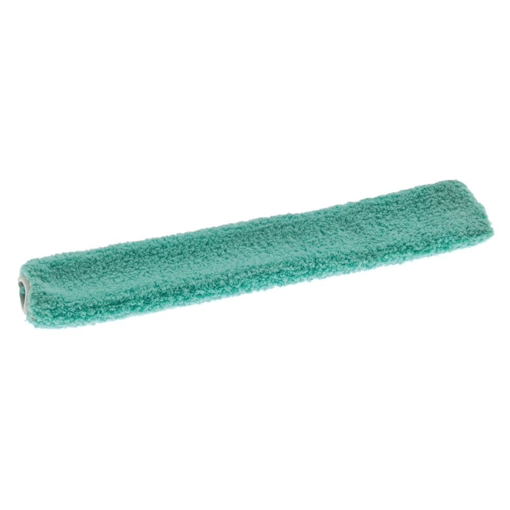 La housse en microfibre verte TASKI JM Ultra Interior Mop (40g) de Diversey Deutschland GmbH & Co. OHG dispose d'une surface douce et texturée pour un nettoyage intérieur efficace, est conçue pour un support flexible et est illustrée sur un fond blanc.