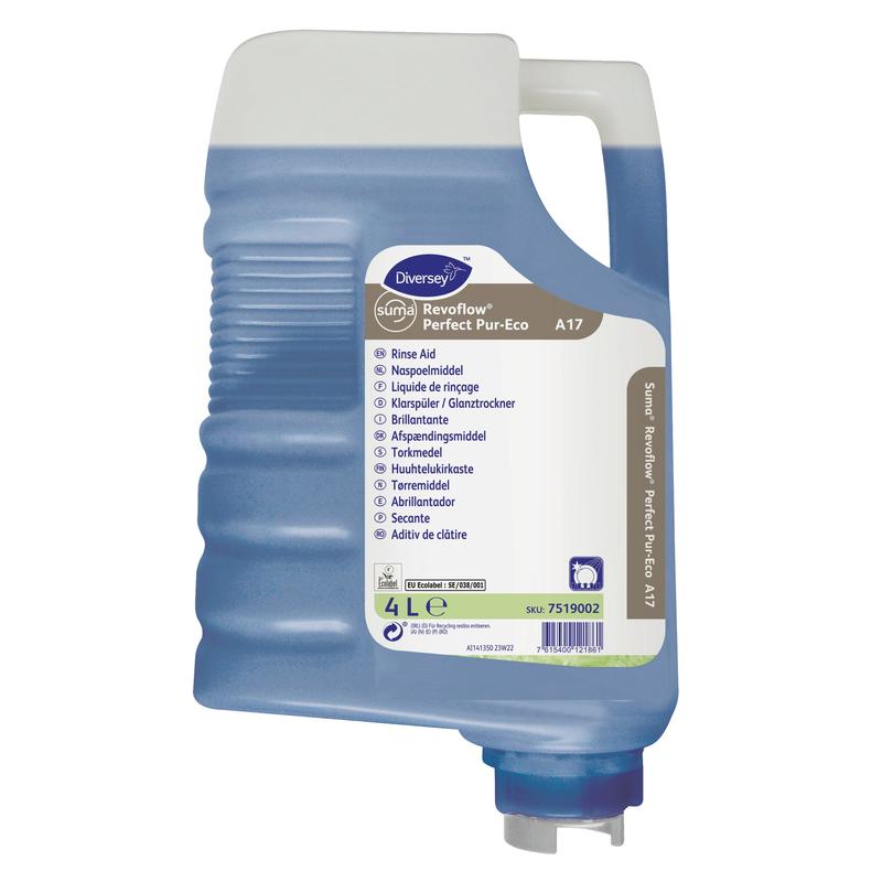 Une cartouche en plastique de 4 litres de Suma Revoflow Perfect Pur-Eco A17, un agent de rinçage neutre et respectueux de l'environnement de Diversey Deutschland GmbH & Co. OHG, avec un liquide bleu et une étiquette blanc-bleu avec des instructions multilingues.