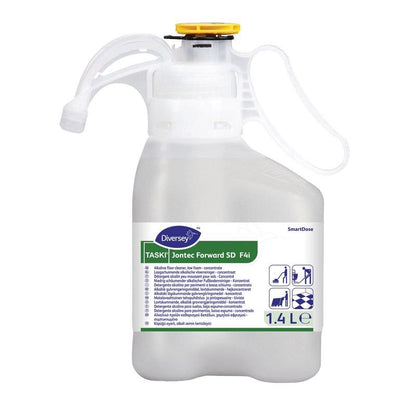 Un conteneur en plastique de 1,4 litre de Diversey Deutschland GmbH & Co. OHG TASKI Jontec Forward Haute Concentration, avec corps blanc, étiquette verte, bouchon jaune, poignée de dosage, mode d'emploi et symboles de nettoyage.