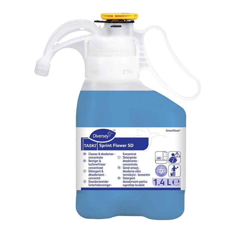 Une bouteille de 1,4 litre de nettoyant d'entretien désodorisant Diversey TASKI Sprint Flower SD (liquide bleu) est équipée d'une poignée, d'une buse et d'une étiquette multilingue. Marque : Diversey Deutschland GmbH & Co. OHG.