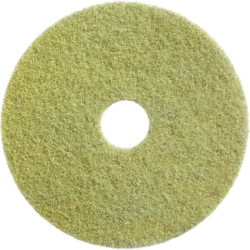 Le tampon Diversey Twister (jaune) de Diversey Deutschland GmbH & Co. OHG est un tampon de restauration rond et texturé avec un trou central pour le nettoyage et la restauration des sols en pierre, vu d'en haut sur fond blanc.
