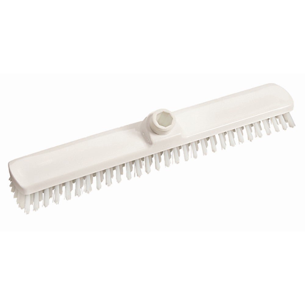 La brosse à récurer 400x60x26 mm, dure de Diversey Deutschland GmbH & Co. OHG est blanche, rectangulaire, avec des poils durs et un trou de filetage central pour un manche – idéale pour le nettoyage en profondeur des sols et des surfaces.