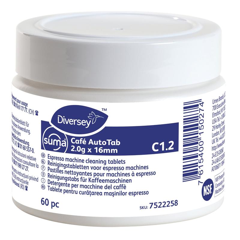 Un conteneur en plastique blanc de Diversey Deutschland GmbH & Co. OHG avec l'inscription "Suma Café AutoTab pastilles de nettoyage pour machines à expresso 60 pcs." contient 60 pastilles pour éliminer les graisses/huiles de café et prolonger la durée de vie de la machine, avec des informations multilingues sur une étiquette bleu-blanc.