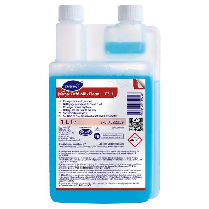 Le nettoyant pour systèmes à lait Suma Café MilkClean C3.1 de 1L de Diversey Deutschland GmbH & Co. OHG dispose d'un liquide bleu, d'une bouteille à double col, d'un bouchon blanc et d'une étiquette multilingue avec des instructions d'utilisation et de sécurité pour le nettoyage des machines à café.