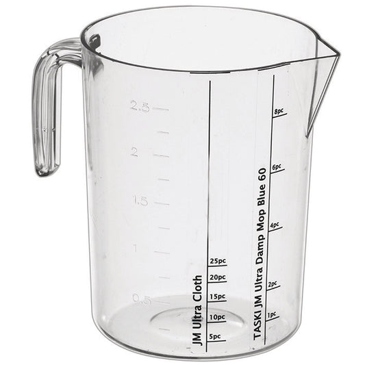 Der Diversey Messbecher inkl Stickerset (1 Stück) von Diversey Deutschland GmbH & Co. OHG ist ein durchsichtiger Kunststoffkrug mit Henkel, Ausguss, Litermarkierungen und Referenzlinien für die Zubereitung von TASKI Jonmaster Mopps. Inklusive Aufkleberset zur einfachen Identifizierung.