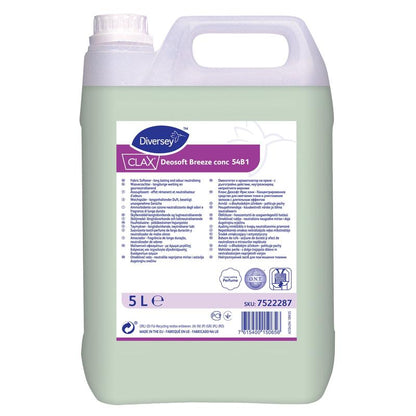 Un conteneur en plastique de 5 litres de Diversey Deutschland GmbH & Co. OHG Clax Deosoft Breeze conc 54B1 Assouplissant concentré est muni d'une étiquette violette et blanche avec des informations sur le produit et des instructions d'utilisation pour un usage commercial.