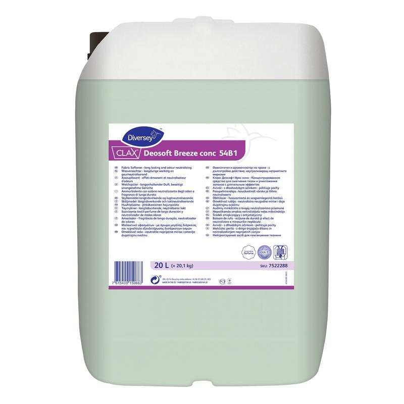 Un conteneur de 20 litres Clax Deosoft Breeze conc 54B1 Assouplissant concentré de Diversey Deutschland GmbH & Co. OHG avec des informations sur le produit et des instructions multilingues sur l'étiquette avant.