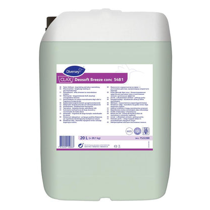 Un conteneur de 20 litres Clax Deosoft Breeze conc 54B1 Assouplissant concentré de Diversey Deutschland GmbH & Co. OHG avec des informations sur le produit et des instructions multilingues sur l'étiquette avant.