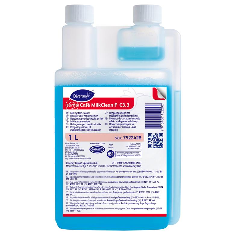 Une bouteille d'un litre de nettoyant pour systèmes de lait Suma Café MilkClean F C3.3 de Diversey Deutschland GmbH & Co. OHG, contient un liquide bleu, un bouchon blanc et une étiquette rouge-blanc-bleu avec des détails, des instructions et des consignes de sécurité.