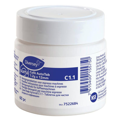 Un conteneur en plastique blanc de Diversey Deutschland GmbH & Co. OHG, avec l'inscription "Suma Café AutoTab pastilles de nettoyage pour machines à expresso 60 pcs.", élimine les graisses et huiles de café et prolonge la durée de vie de la machine. Étiquette multilingue incluse.