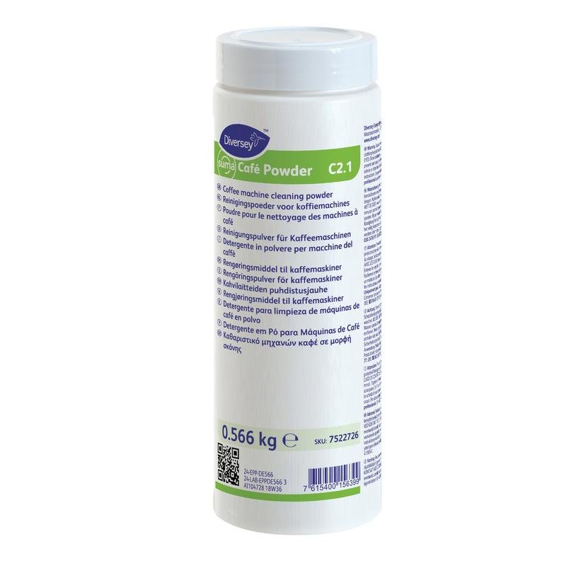 Un récipient cylindrique blanc avec l'inscription "Suma Café Powder C2.1, poudre de nettoyage pour machines à café" (566 g) de Diversey Deutschland GmbH & Co. OHG avec des informations produit multilingues clairement visibles sur l'étiquette.