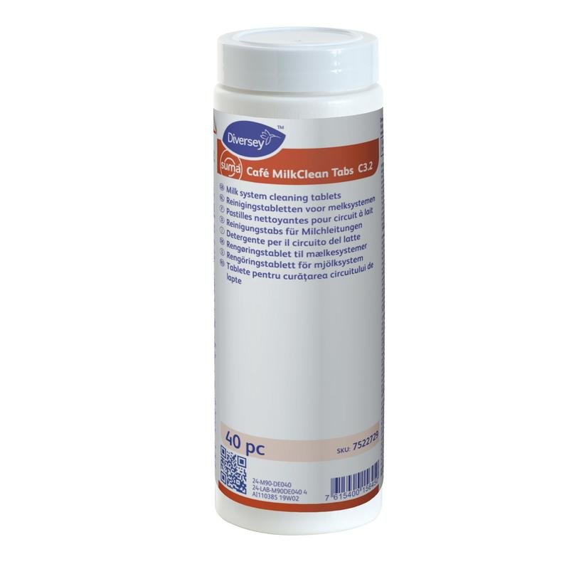 Un récipient cylindrique blanc avec l'inscription "Suma Café MilkCleanTabs C3.2" de Diversey Deutschland GmbH & Co. OHG, contient 40 pastilles de nettoyage pour systèmes de lait destinées au nettoyage des systèmes de lait des machines à café. Plusieurs langues sont indiquées sur le devant.