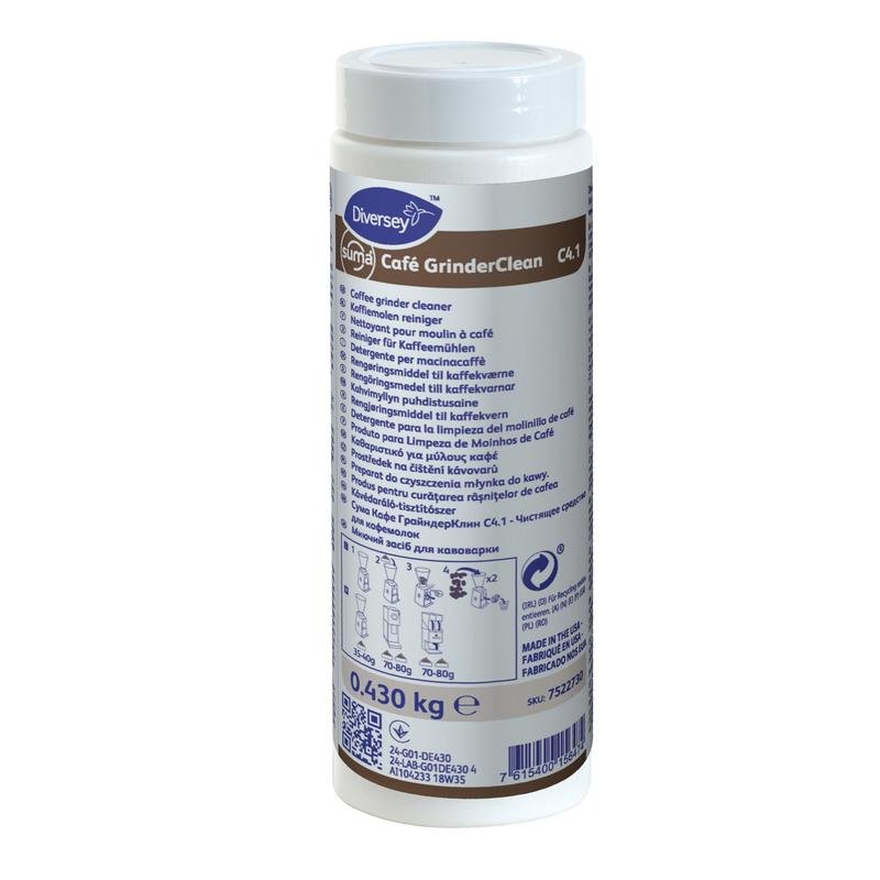 Un récipient cylindrique blanc avec Diversey Suma Café GrinderClean C4.1 nettoyant pour moulin à café (0,430 kg, 1 dose) de Diversey Deutschland GmbH & Co. OHG, pour enlever l'huile de café, avec des instructions multilingues sur l'étiquette.