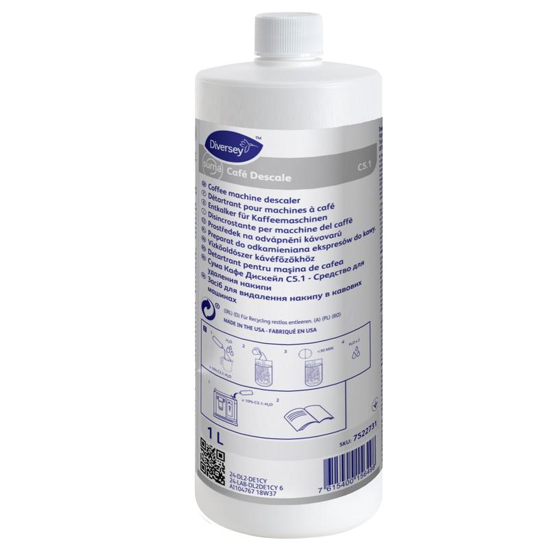 La bouteille blanche de 1 litre Diversey Deutschland Suma Café Descale C5.1 détartrant pour machines à café avec une étiquette bleue et un bouchon à vis blanc est destinée à l'élimination des dépôts de calcaire dans les machines à café professionnelles.