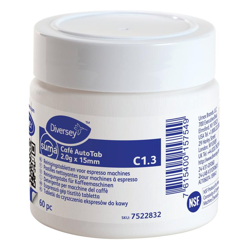 Une boîte en plastique blanche "Suma Café AutoTab pastilles de nettoyage pour machines à expresso 60 pcs." de Diversey Deutschland GmbH & Co. OHG, élimine les huiles de café et prolonge la durée de vie de la machine ; l'étiquette comporte des informations multilingues et un code-barres.