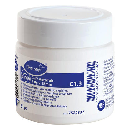 Une boîte en plastique blanche "Suma Café AutoTab pastilles de nettoyage pour machines à expresso 60 pcs." de Diversey Deutschland GmbH & Co. OHG, élimine les huiles de café et prolonge la durée de vie de la machine ; l'étiquette comporte des informations multilingues et un code-barres.