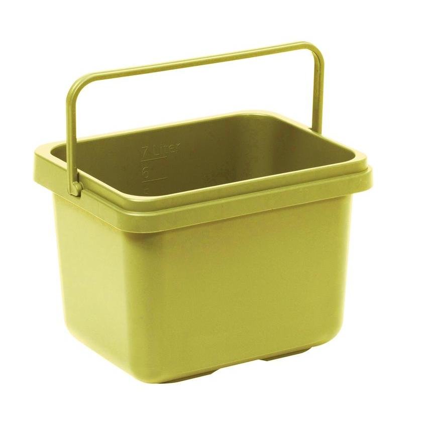 Le seau TASKI 7L de Diversey Deutschland GmbH & Co. OHG est un seau en plastique vert olive rectangulaire avec une poignée de transport assortie et des graduations latérales pour jusqu'à 7 litres - parfait pour le nettoyage domestique.