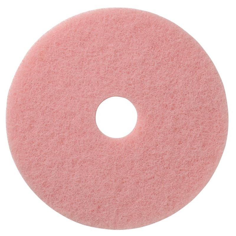 Le pad rose et rond TASKI Americo Remover Pad Kombipad pour le nettoyage et le polissage de Diversey Deutschland GmbH & Co. OHG a une texture rugueuse et un trou au centre, vu d'en haut sur un fond blanc.