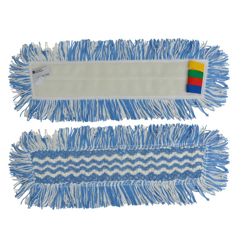 Deux chiffons de nettoyage TASKI Jonmaster Ultra HD Damp Mop de Diversey Deutschland : motif en zigzag à l'avant pour la saleté tenace, poche à l'arrière avec étiquettes colorées (jaune, vert, rouge, bleu) et franges bleues et blanches.