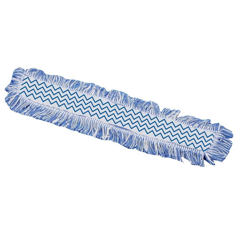 Le balai à franges rectangulaire bleu-blanc TASKI Jonmaster Ultra HD de Diversey Deutschland GmbH & Co. OHG avec franges sur les bords et motif en zigzag au centre sur fond blanc.