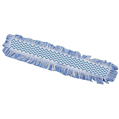 Le balai à franges rectangulaire bleu-blanc TASKI Jonmaster Ultra HD de Diversey Deutschland GmbH & Co. OHG avec franges sur les bords et motif en zigzag au centre sur fond blanc.