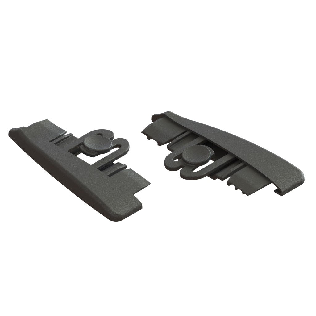 Deux embouts Jonmaster UltraPlus noirs L/R en plastique de Diversey Deutschland GmbH & Co. OHG, utilisés comme embouts de remplacement pour le support de mop UltraPlus, présentés avec des bords arrondis et des mécanismes de verrouillage sur fond blanc (2 paquets/carton).