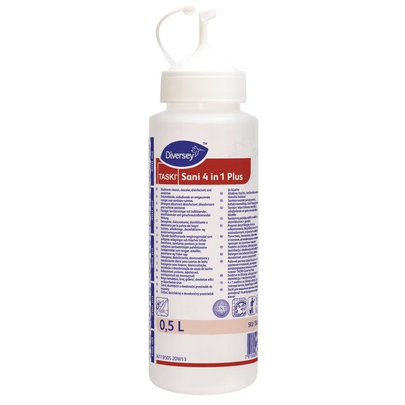 Un flacon doseur de 0,5 l de TASKI Sani 4 en 1 Plus, fabriqué par Diversey Deutschland GmbH & Co. OHG, dont la tête de pulvérisation est tordue. L'étiquette est multilingue et comporte des touches de bleu et de rouge.