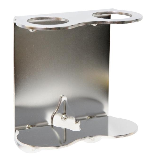 Le support mural LAPE de Diversey Deutschland GmbH & Co. OHG est un support mural en acier inoxydable avec deux ouvertures circulaires supérieures et une surface inférieure incurvée, idéal pour la fixation sécurisée d'objets ou de conteneurs cylindriques.