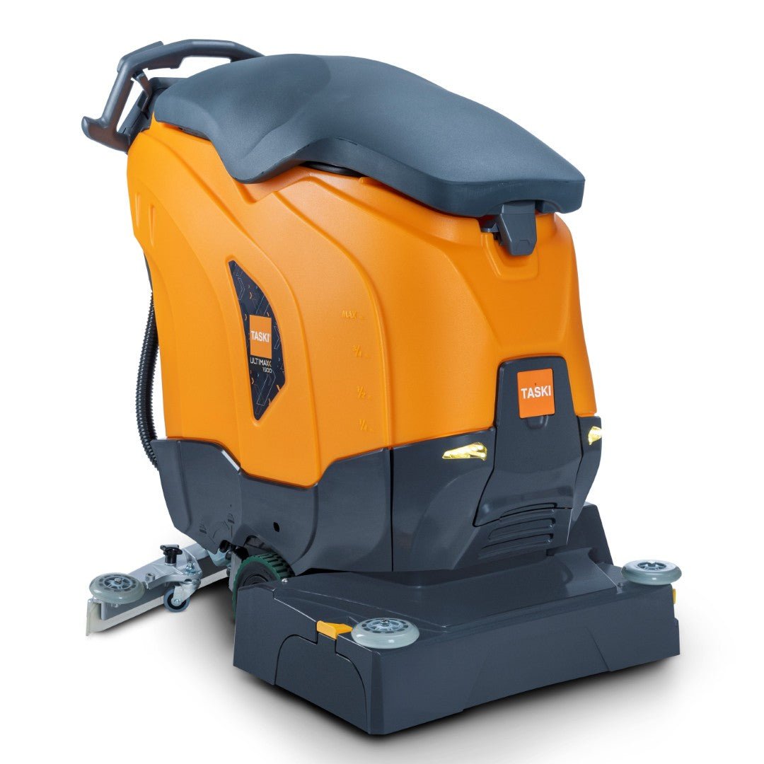 Le TASKI ULTIMAXX 1900 RB55 Performance BMS 40A EBU de Diversey dispose d'une traction, d'un réservoir de 43L et d'un double rouleau de 55cm. Cette autolaveuse orange et gris foncé offre un contrôle facile, un raccord de tuyau et une fonction de récurage puissante.