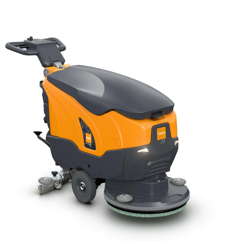 Le TASKI ULTIMAXX 900 SD50 BMS 13A gel ready de Diversey Deutschland GmbH & Co. OHG est présenté dans les couleurs orange et gris et dispose d'une poignée, d'un panneau de commande, de grandes roues et d'un tampon de nettoyage rond sur fond blanc.