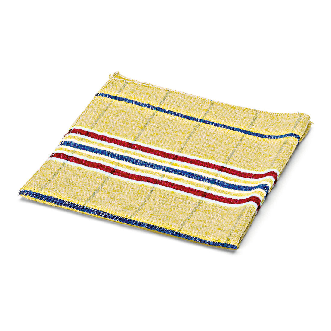 Ein gefaltetes gelbes Nölle Profi Brush Staubtuch Baumwolle von Nölle Profi Brush Bürsten- & Pinseltechnik e.K. mit Karomuster und roten, weißen und blauen Querstreifen an einer Kante, ideal für die sanfte Reinigung, auf weißem Grund.